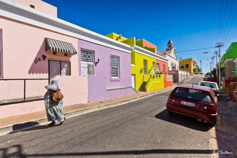 The colourfully painted houses of Chiappini Street in the Bo Kaap area of  Cape Town, South Africa.